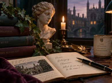 Dark academia reading scene inspired by The Maidens with Cambridge architecture, classical sculpture, books, ivy, candlelight, and an open notebook