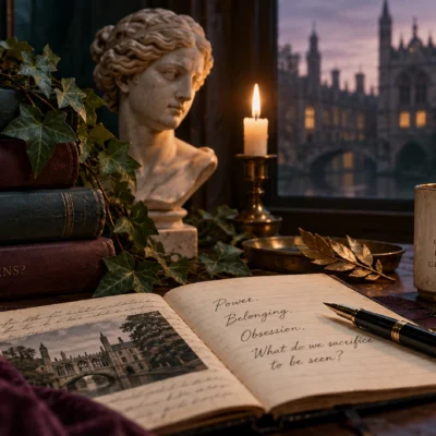 Dark academia reading scene inspired by The Maidens with Cambridge architecture, classical sculpture, books, ivy, candlelight, and an open notebook