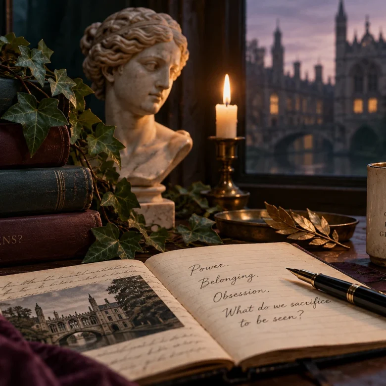 Dark academia reading scene inspired by The Maidens with Cambridge architecture, classical sculpture, books, ivy, candlelight, and an open notebook