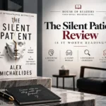 The Silent Patient book displayed in a modern therapy-room setting with books, artwork, notebook, and muted burgundy and gray tones