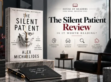 The Silent Patient book displayed in a modern therapy-room setting with books, artwork, notebook, and muted burgundy and gray tones
