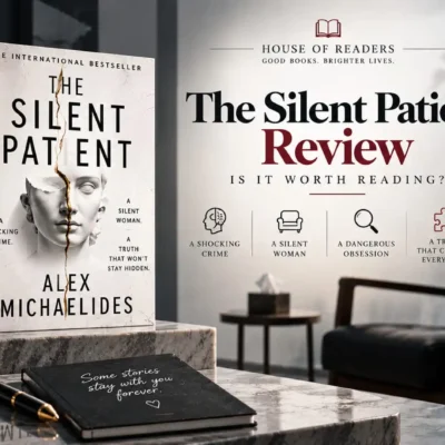 The Silent Patient book displayed in a modern therapy-room setting with books, artwork, notebook, and muted burgundy and gray tones