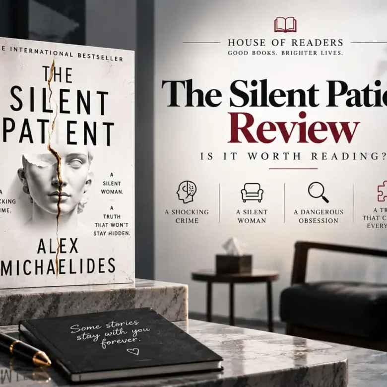 The Silent Patient book displayed in a modern therapy-room setting with books, artwork, notebook, and muted burgundy and gray tones