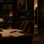 Dark writer's study with manuscript pages, typewriter, books, warm lamp light, and an open doorway creating a suspenseful atmosphere