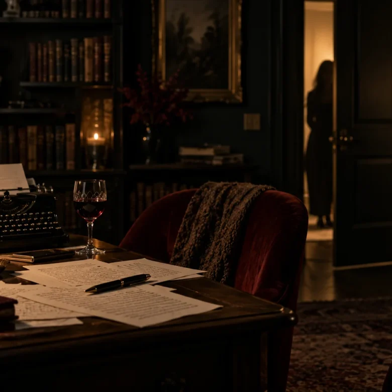 Dark writer's study with manuscript pages, typewriter, books, warm lamp light, and an open doorway creating a suspenseful atmosphere