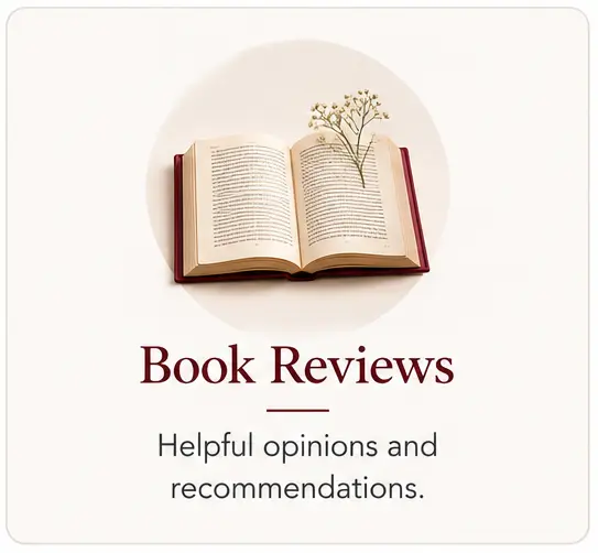Book Reviews category card with an open book and floral detail