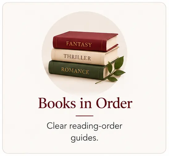 Books in Order category card with stacked fantasy, thriller, and romance books