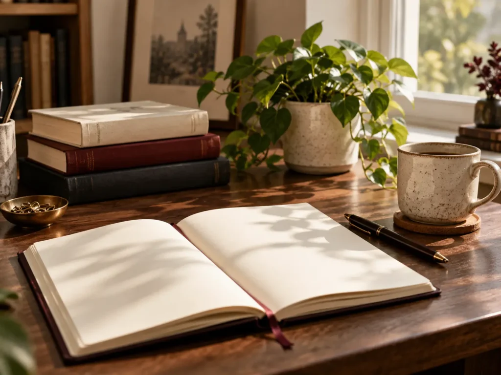 Warm writing desk with an open notebook, stacked books, coffee, plant, and natural light