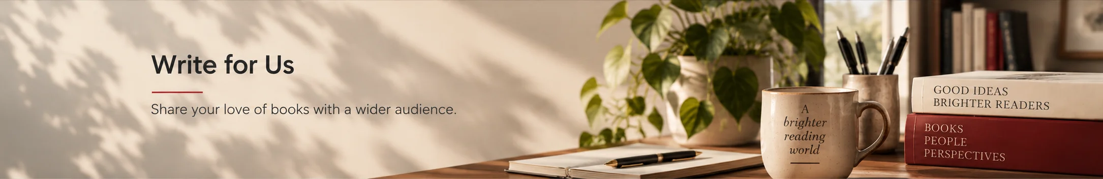 Warm writing desk scene with books, notebook, pens, coffee mug, plant, and soft natural light
