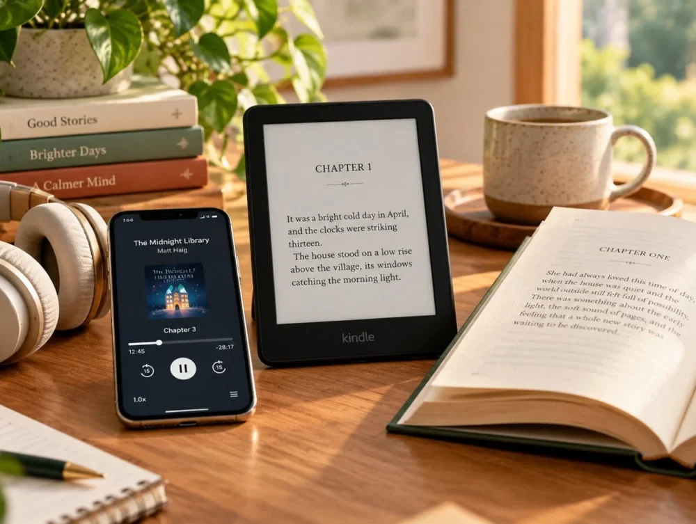 Headphones, an ebook reader, and an open physical book arranged together in a warm reading setup