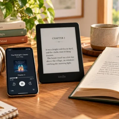 Headphones, an ebook reader, and an open physical book arranged together in a warm reading setup