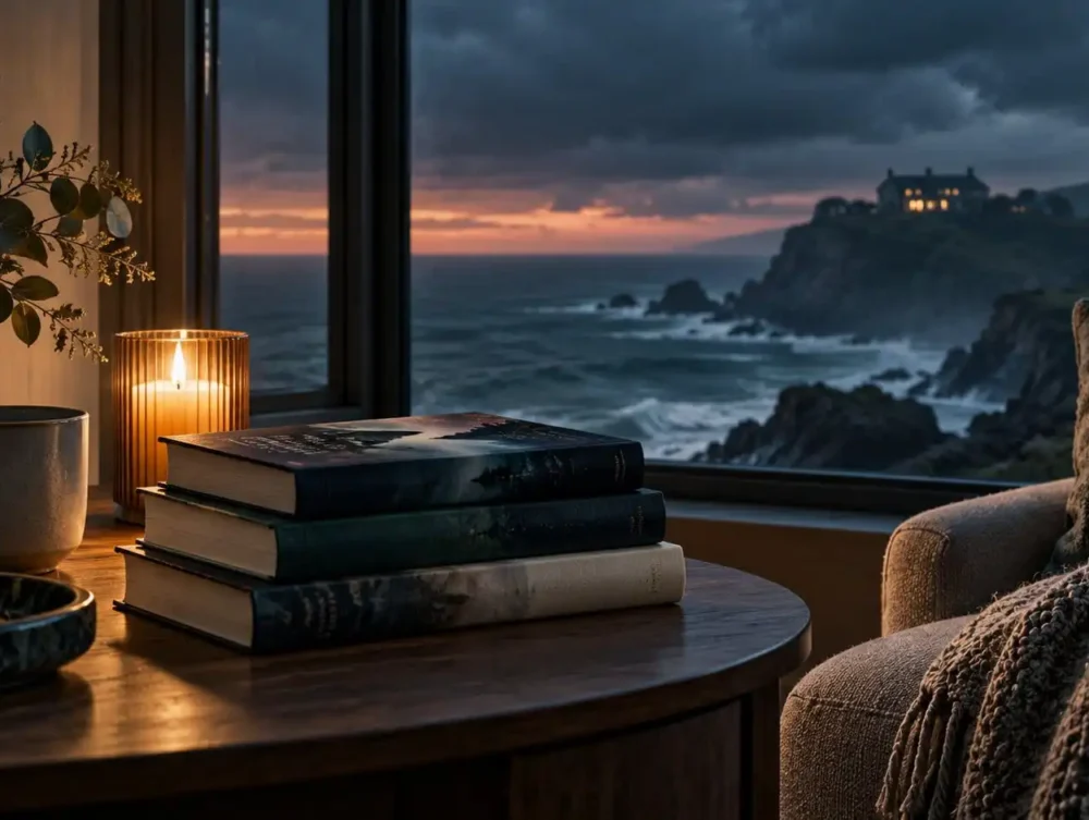 Cozy coastal reading scene with stacked mystery books overlooking a remote island house for an article about books like Daisy Darker