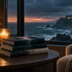 Cozy coastal reading scene with stacked mystery books overlooking a remote island house for an article about books like Daisy Darker