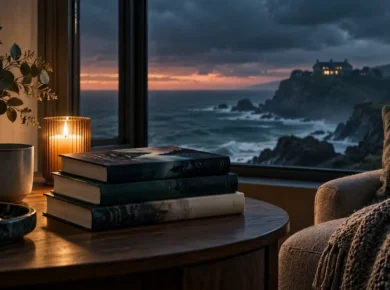 Cozy coastal reading scene with stacked mystery books overlooking a remote island house for an article about books like Daisy Darker