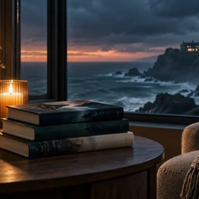 Cozy coastal reading scene with stacked mystery books overlooking a remote island house for an article about books like Daisy Darker