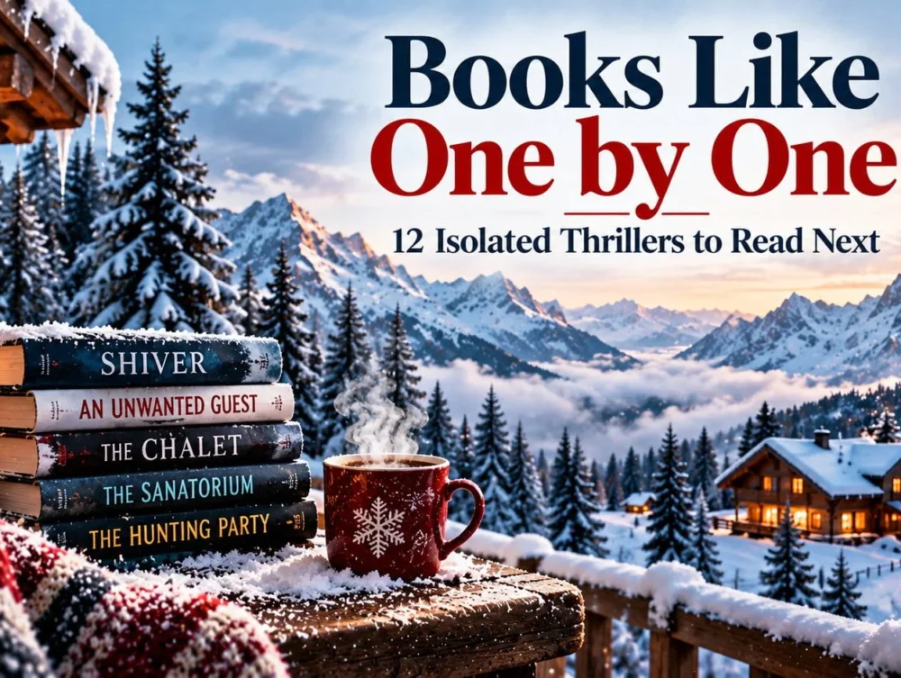 Snowy Alpine reading scene with thriller books, a warm chalet, lantern, and coffee for an article about books like One by One