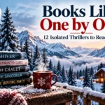 Snowy Alpine reading scene with thriller books, a warm chalet, lantern, and coffee for an article about books like One by One