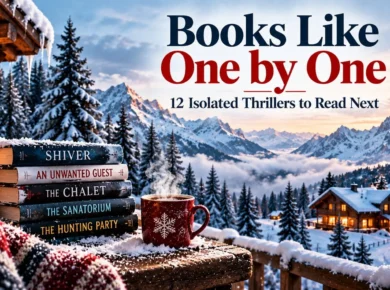 Snowy Alpine reading scene with thriller books, a warm chalet, lantern, and coffee for an article about books like One by One