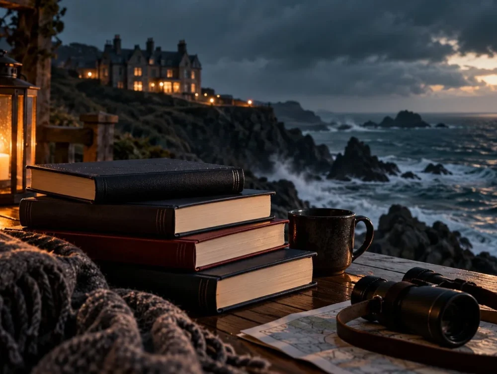 Stormy coastal reading scene with mystery books, lantern light, a cliffside manor and rough sea representing closed-circle thrillers