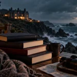 Stormy coastal reading scene with mystery books, lantern light, a cliffside manor and rough sea representing closed-circle thrillers