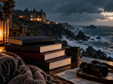 Stormy coastal reading scene with mystery books, lantern light, a cliffside manor and rough sea representing closed-circle thrillers