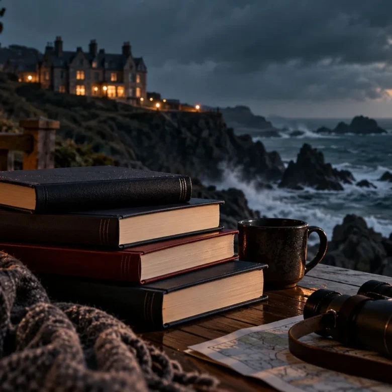 Stormy coastal reading scene with mystery books, lantern light, a cliffside manor and rough sea representing closed-circle thrillers