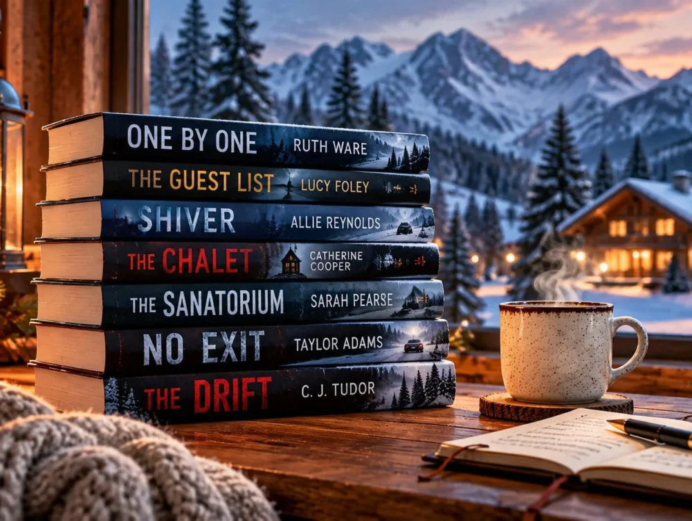 Stack of atmospheric thriller books in a cozy winter cabin with snowy mountains, pine trees, lantern light, and a distant chalet