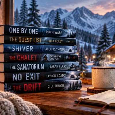 Stack of atmospheric thriller books in a cozy winter cabin with snowy mountains, pine trees, lantern light, and a distant chalet