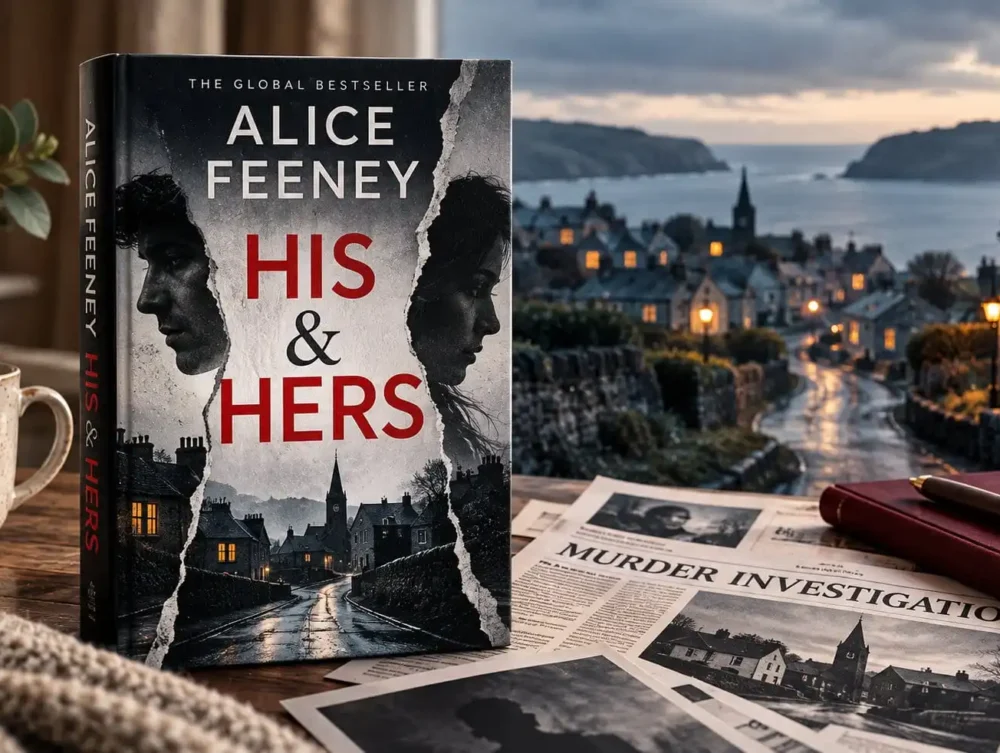 His & Hers by Alice Feeney displayed in a moody village setting with newspaper clippings, coffee, and a murder investigation atmosphere