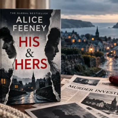 His & Hers by Alice Feeney displayed in a moody village setting with newspaper clippings, coffee, and a murder investigation atmosphere