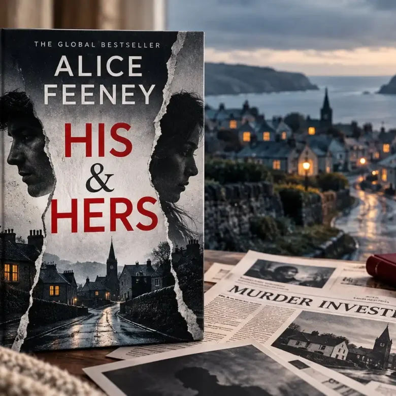 His & Hers by Alice Feeney displayed in a moody village setting with newspaper clippings, coffee, and a murder investigation atmosphere