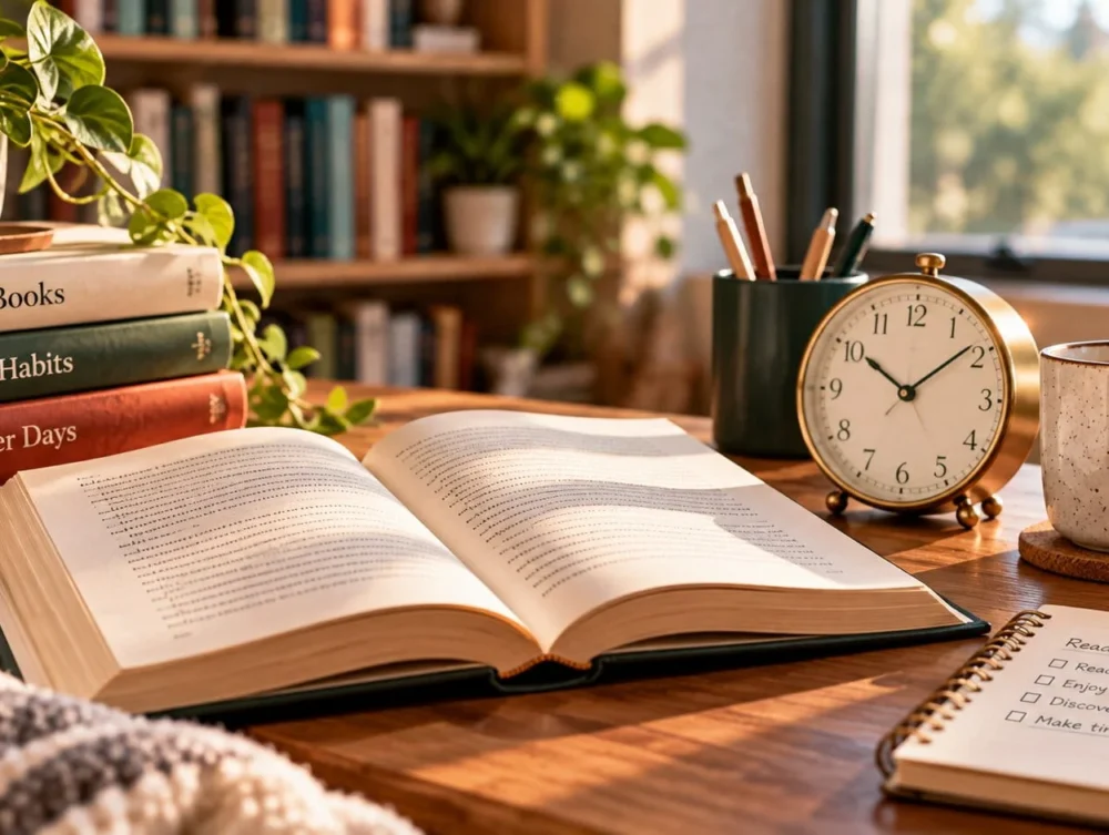 Open book beside an analog clock, notebook, coffee mug, and stacked books in a warm reading space