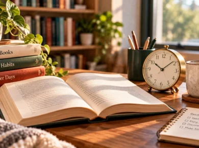 Open book beside an analog clock, notebook, coffee mug, and stacked books in a warm reading space