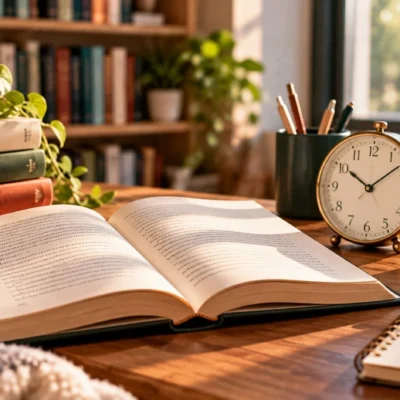 Open book beside an analog clock, notebook, coffee mug, and stacked books in a warm reading space