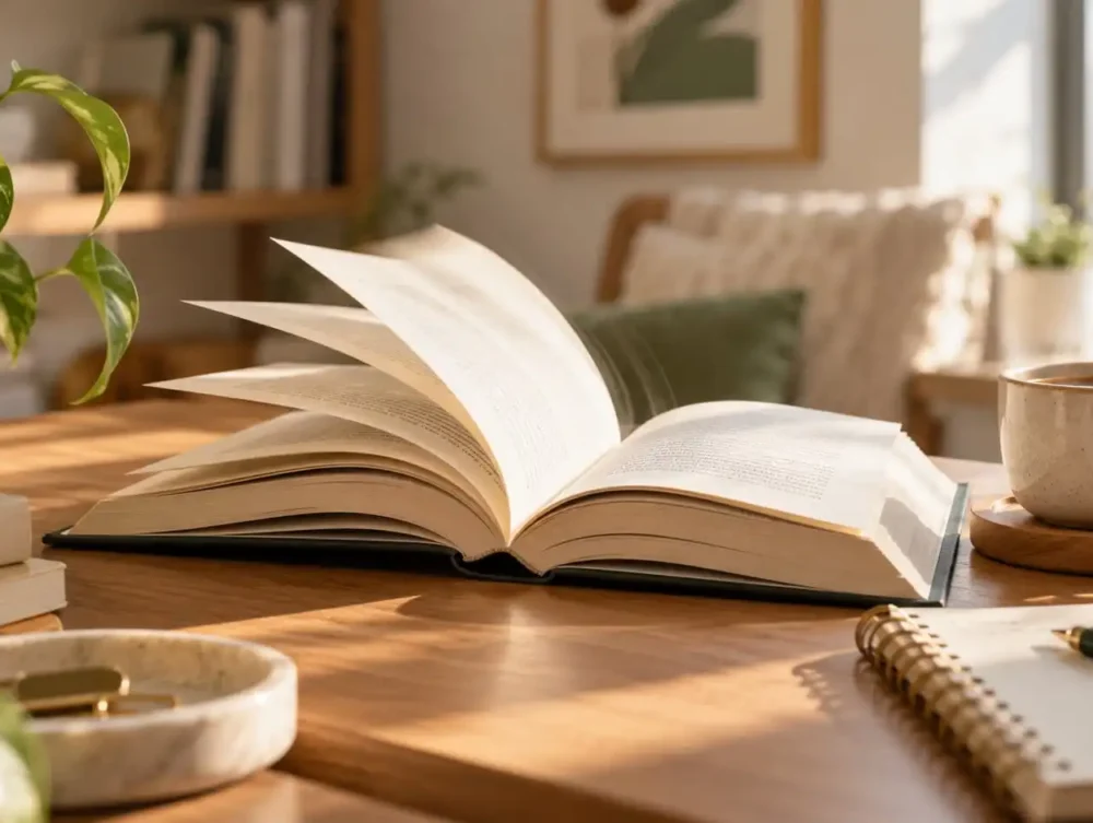 Open book with turning pages in a calm sunlit reading space, representing faster reading with focus and comprehension