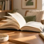 Open book with turning pages in a calm sunlit reading space, representing faster reading with focus and comprehension