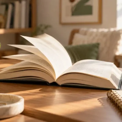 Open book with turning pages in a calm sunlit reading space, representing faster reading with focus and comprehension
