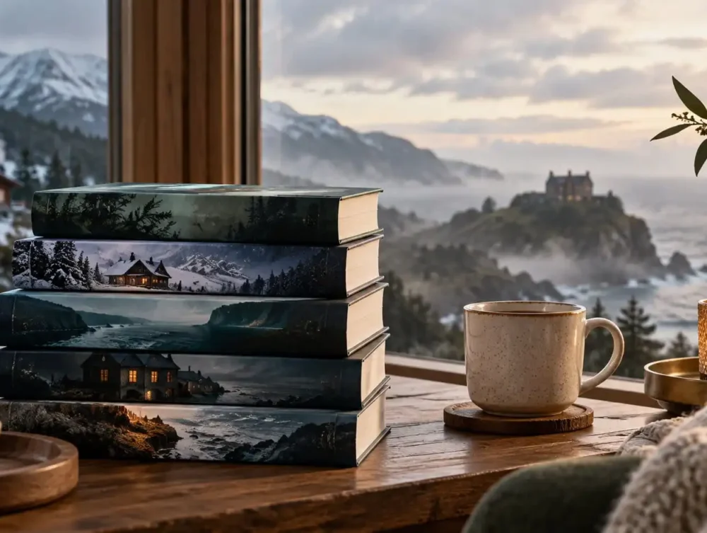 Stack of mystery books beside a warm reading setup overlooking snowy mountains and a dramatic coastal landscape