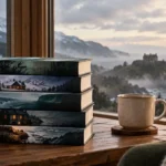 Stack of mystery books beside a warm reading setup overlooking snowy mountains and a dramatic coastal landscape