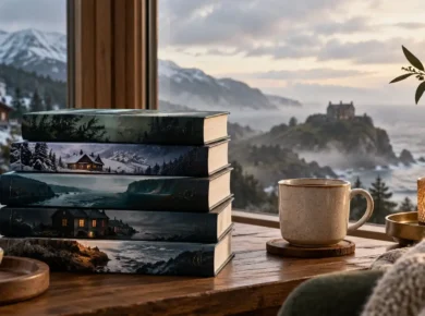 Stack of mystery books beside a warm reading setup overlooking snowy mountains and a dramatic coastal landscape