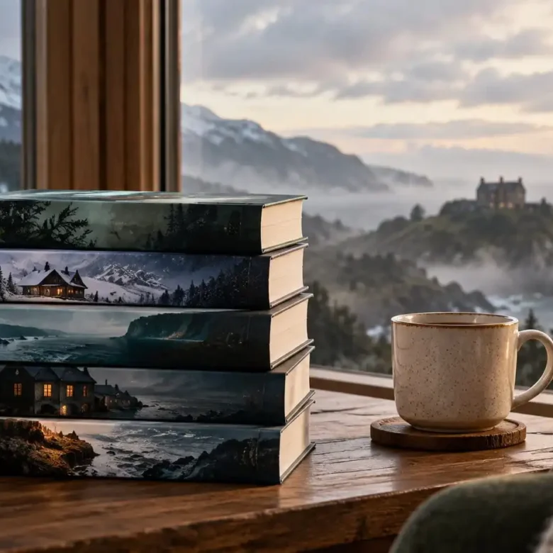 Stack of mystery books beside a warm reading setup overlooking snowy mountains and a dramatic coastal landscape
