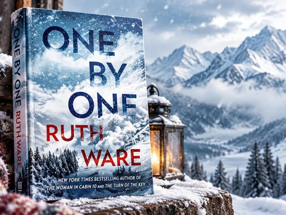 One by One by Ruth Ware displayed in a snowy Alpine setting with mountains, pine trees, and a warm lantern for a winter thriller review