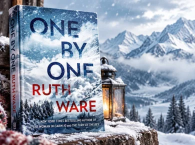 One by One by Ruth Ware displayed in a snowy Alpine setting with mountains, pine trees, and a warm lantern for a winter thriller review