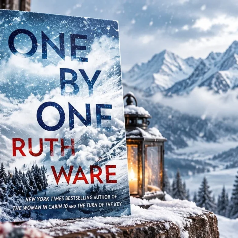 One by One by Ruth Ware displayed in a snowy Alpine setting with mountains, pine trees, and a warm lantern for a winter thriller review