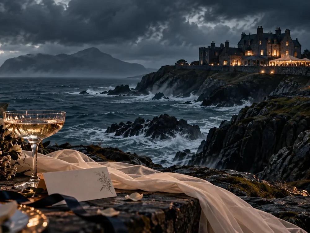 Stormy remote island wedding setting with a cliffside manor, rough sea, candles and elegant reception details