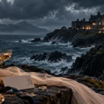 Stormy remote island wedding setting with a cliffside manor, rough sea, candles and elegant reception details