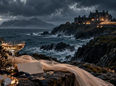 Stormy remote island wedding setting with a cliffside manor, rough sea, candles and elegant reception details