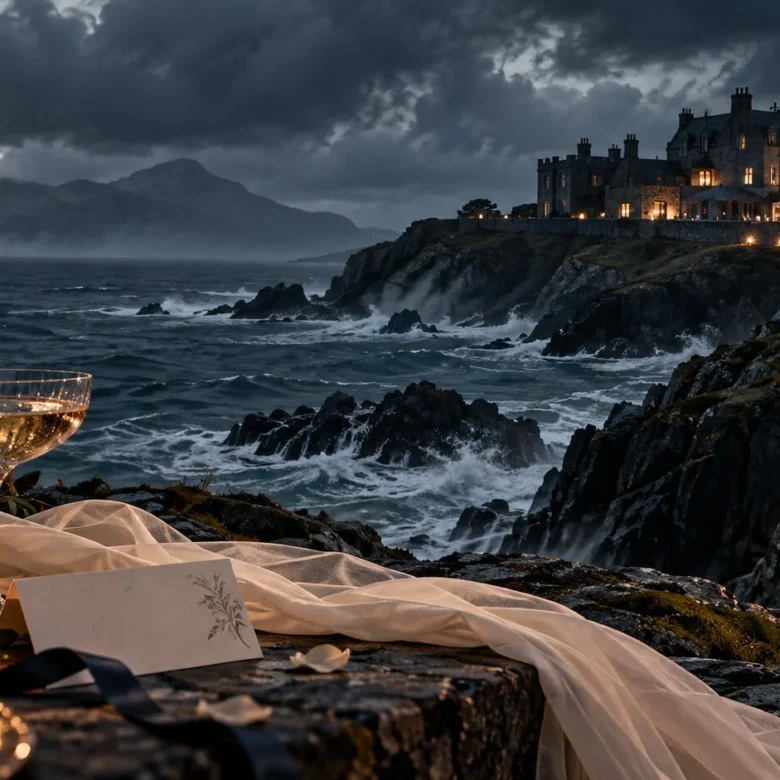 Stormy remote island wedding setting with a cliffside manor, rough sea, candles and elegant reception details