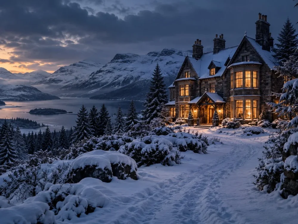 Snow-covered Scottish Highlands lodge at dusk with warm lights, mountains and an isolated winter atmosphere