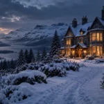 Snow-covered Scottish Highlands lodge at dusk with warm lights, mountains and an isolated winter atmosphere